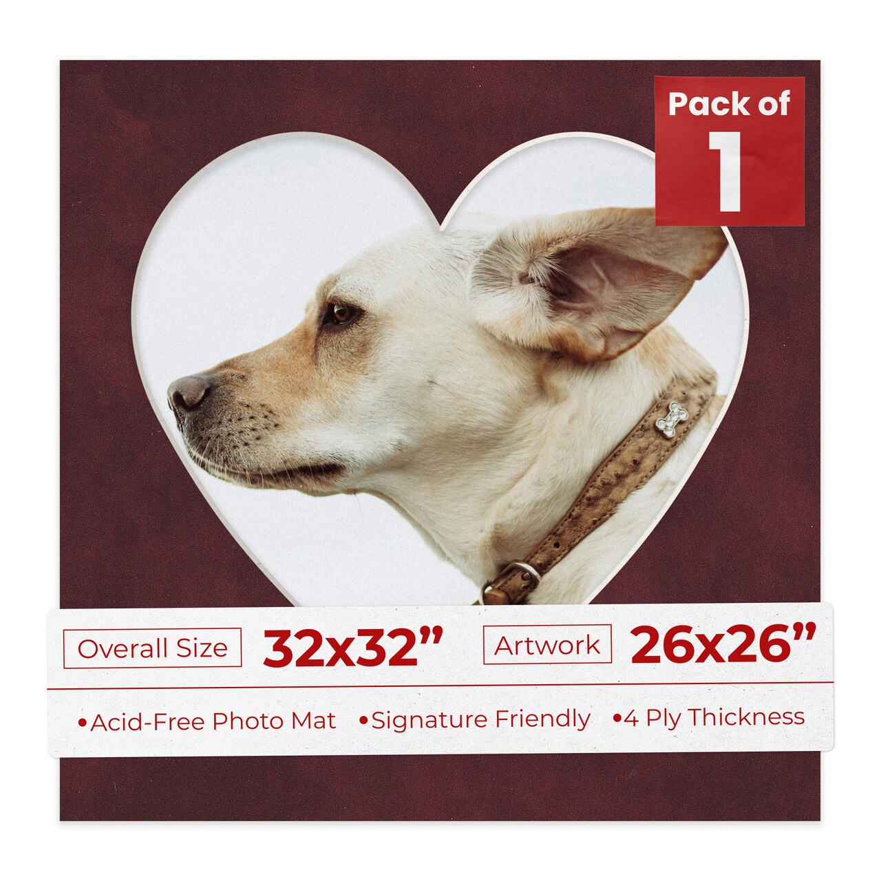 Dark Red Suede Mat Board for 32x32 Frames - Heart Opening for 26x26 Photos